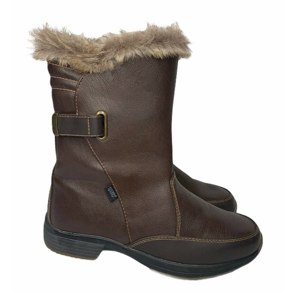 Womens Sporto Brown Faux Leather Side Zip Faux Fur Trim Boots Thermolite Size 9M